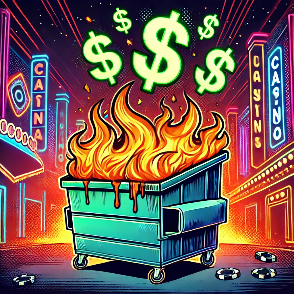 Dumpster fire with dollar signs