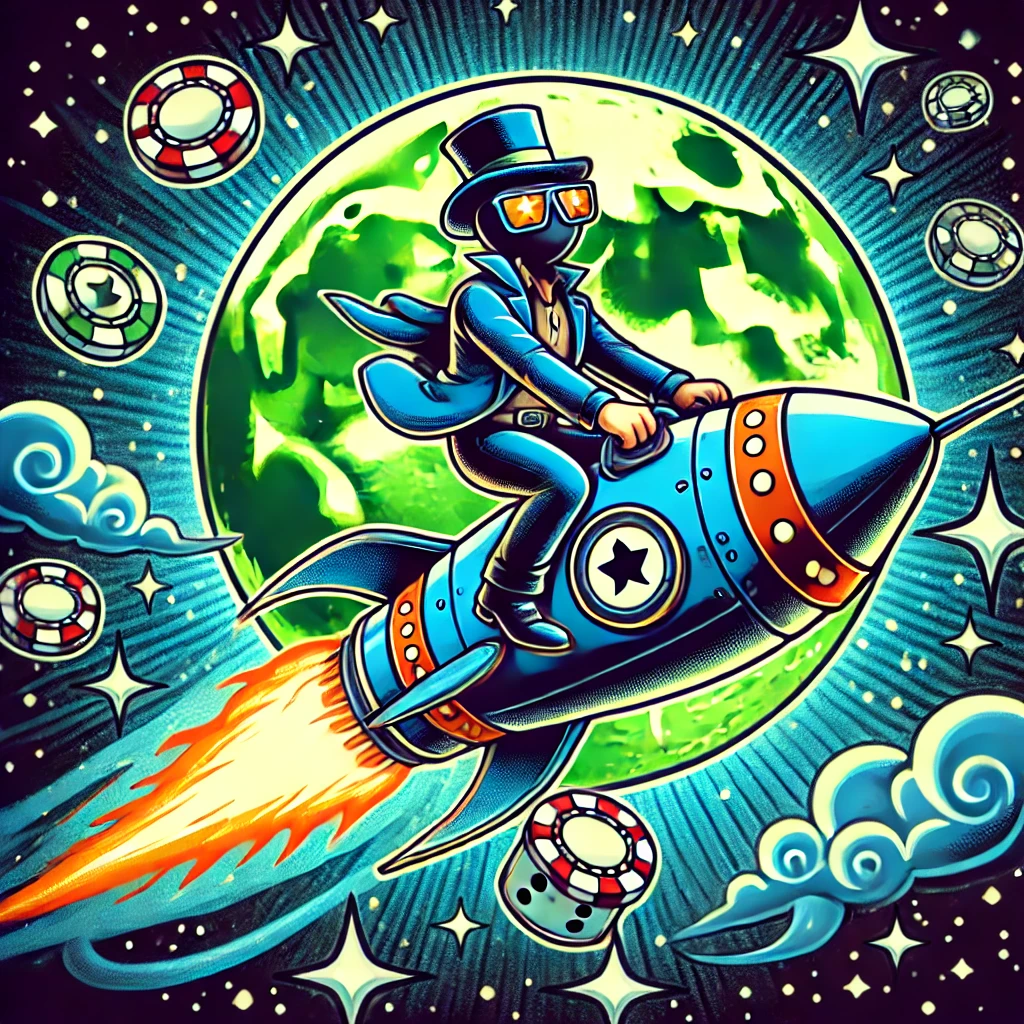 Cartoon character riding a rocket to the moon